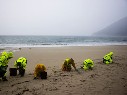 Trabajos de limpieza del vertido de 'pellets' en una playa de Muros (A Coruña).