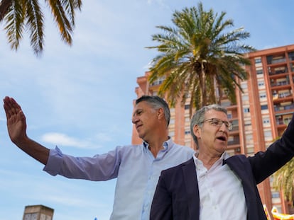 El alcalde de Badalona, Xavier García Albiol, y el presidente del PP, Alberto Núñez Feijóo, durante un acto electoral.