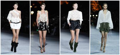 Blusas anchas y bohemias vestidas con shorts de gaucho en tonos safari, además de tops de croché y encaje alternados, conformaban la primera propuesta de YSL.