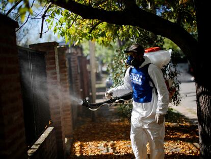 Un trabajador fumiga contra el mosquito tigre en las calles de la localidad bonaerense de Ezeiza.