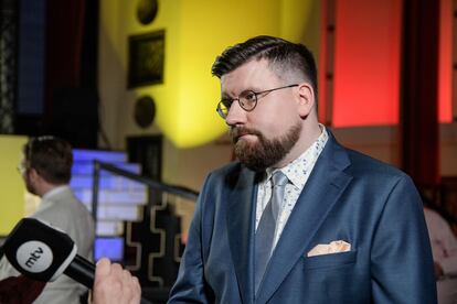 Sebastian Tynkkynen, head of the Finns Party list in the European Parliament elections, on Sunday evening in Helsinki.