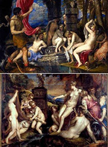 Estas dos obras se exponen en la sede escocesa de la National Gallery. Arriba, <i>Diana y Acteón; </i>a la izquierda, <i>Diana y Calisto, </i>de Tiziano.