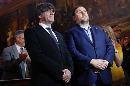El president Carles Puigdemont y Oriol Junqueras el 1 de julio.