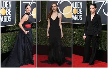 Mandy Moore, Madeline Brewer y Claire Foy, vestidas con trajes de Rosie Assoulin, Diane von Fürstenberg y Stella McCartney, respectivamente, los que se sortearán entre quienes donen 25 dólares a Time's Up.