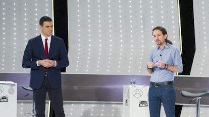 Imatge de Pedro Sánchez i Pablo Iglesias durant el debat facilitada per Atresmedia.