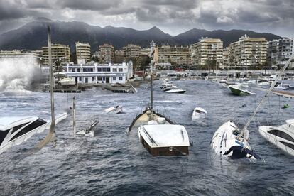 Imagen cedida por Greenpeace de un montaje de como se vería afectada la ciudad de Marbella por la subida del nivel del mar en 2100. El mar podría invadir hasta 700 metros hacia el interior del litoral español en 2100 por efecto del cambio climático y el deshielo del Ártico, según el informe "España: hacia un clima extremo. Riesgos de no frenar el cambio climático y la destrucción del Ártico", presentado hoy por Greenpeace.