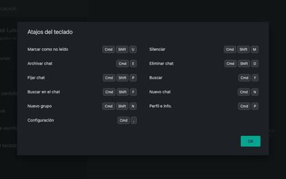 Atajos de teclado de WhatsApp en Mac.