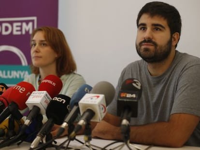 Els portaveus de Podem Catalunya, Marc Bertomeu i Jéssica Albiach, en la seva compareixença a Barcelona.