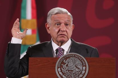 Andrés Manuel López Obrador en conferencia de prensa este lunes en Palacio Nacional.
