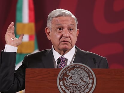 Andrés Manuel López Obrador en conferencia de prensa este lunes en Palacio Nacional.