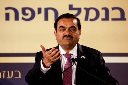 Gautam Adani addresses the press in Haifa after acquiring the city's port from Israel, January 31, 2023.