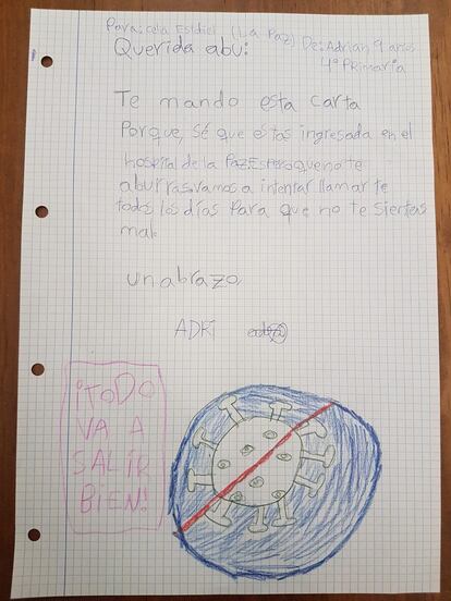 Carta que Adrián envió a su abuela Celia al hospital de La Paz