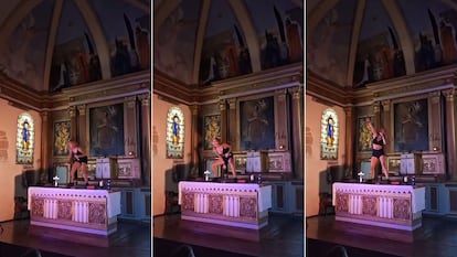 Capturas de Ane Lindane simulando masturbação com um crucifixo colocado no altar de uma igreja não consagrada.