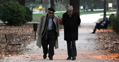 Una pareja de jubilados en el Parque del Retiro, en Madrid.