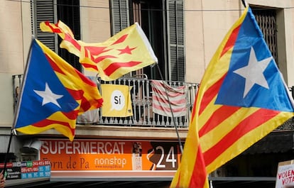 Banderas esteladas, durante la manifestaci&oacute;n del jueves de los estudiantes en Barcelona.