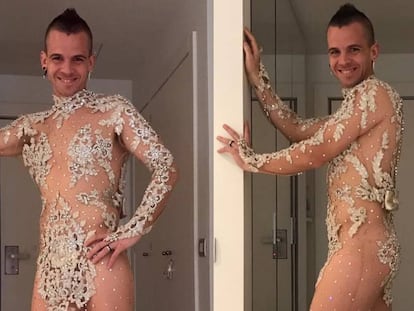 Dabiz Muñoz, con el vestido de Cristina Pedroche de la Nochevieja de 2015.