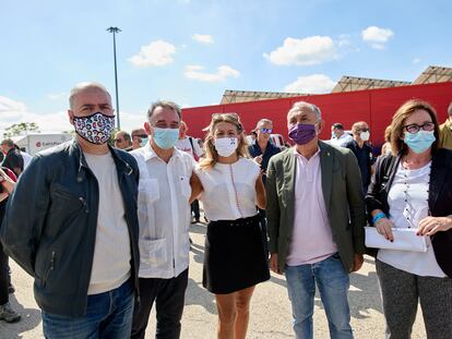 Yolanda Díaz con Unai Sordo, Enrique Santiago y Pepe Álvarez, este domingo en la Fiesta del PCE.