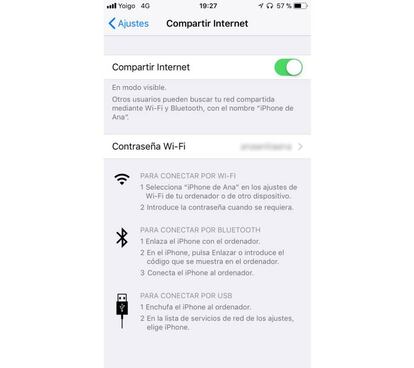 Menú desde el que podemos compartir Wifi en iOS