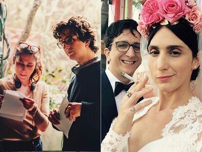 Arfin está casada con Paul Rust, protagonista y también guionista de la serie. A la izquierda, en un momento del rodaje. Derecha: el día de su boda (entre los invitados: Chan Marshall (Cat Power), Tavi Gevinson, Lena Dunham, etc.)