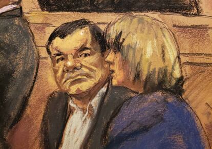 Reproducción de un dibujo de El Chapo realizado por la artista Jane Rosenberg.