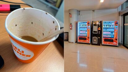 Imagen del vaso y de la máquina de bebidas del aeropuerto.