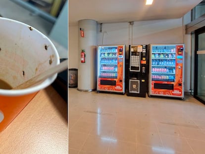 Imagen del vaso y de la máquina de bebidas del aeropuerto.