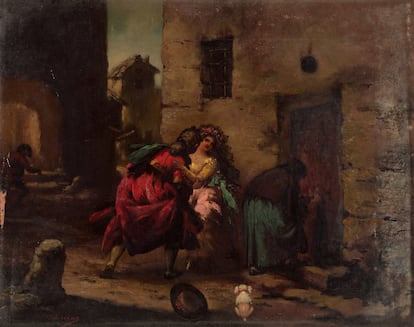 'Escena de majos y celestina', atribuido a Eugelino Lucas Villaamil, en el Museo del Prado pero perteneciente, según la investigación de Arturo Colorado, a Pedro Rico. 