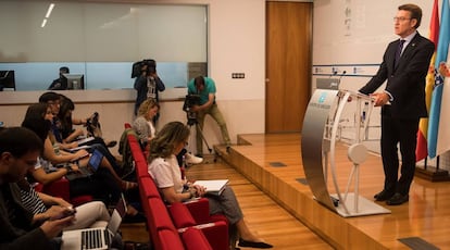 Sala de prensa del palacio de San Caetano durante una comparecencia de Feijóo en 2018.