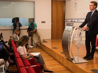 Sala de prensa del palacio de San Caetano durante una comparecencia de Feijóo en 2018.