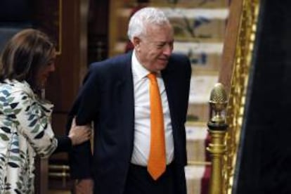 La portavoz parlamentaria socialista, Soraya Rodríguez (i), y el ministro de Asuntos Exteriores y Cooperación, José Manuel García-Margallo (d), durante el pleno que debate el proyecto de Presupuestos Generales del Estado para 2014, en el Congreso de los Diputados.