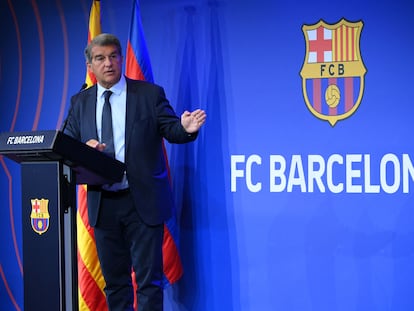 Laporta, durante su comparecencia de este lunes en el Camp Nou.