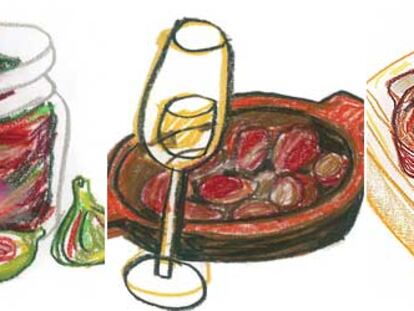 Sobre estas líneas, la visión de Mariscal de la compota de higos con vino tinto y especies, los riñones al jerez y un huevo a la cazuela.