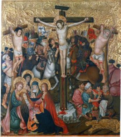 'Crucifixión' de Jaume Ferrer conservada en el MNAC que coronaba el retablo de Peralta de la Sal, según los investigadores.