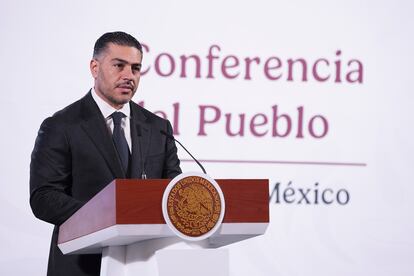 Omar García Harfuch en la conferencia de prensa matutina en el Palacio Nacional, en Ciudad de México. 