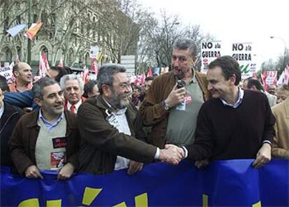 Llamazares, Méndez, Fidalgo y Rodríguez Zapatero, durante la manifestación del sábado en Madrid.