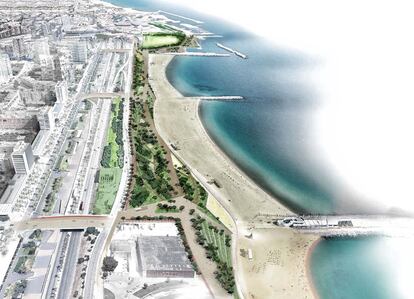 Imagen virtual de la propuesta para convertir el espacio entre la ronda litoral y las playas de la Nova Mar Bella y Llevant.