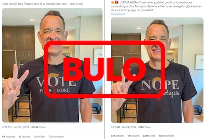 Actor Tom Hanks in an AI-generated image, wearing shirts in favor of and against Donald Trump's re-election. 