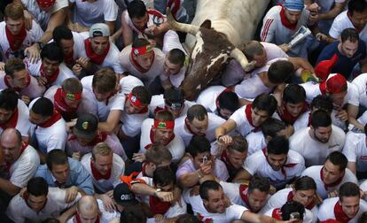 Hacia el final del encierro, uno de los cinco toros quedó atrapado entre la multitud, sin posibilidad de avanzar a causa de un montón que le cerraba el camino, ni retroceder por la muchedumbre que le seguía los pasos.