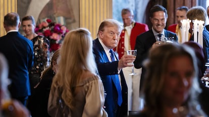 El presidente de EE UU, Donald Trump, brinda durante la cena de gala anterior a la cumbre de la OTAN en La Haya ante el secretario general de la Alianza, Mark Rutte, este martes.