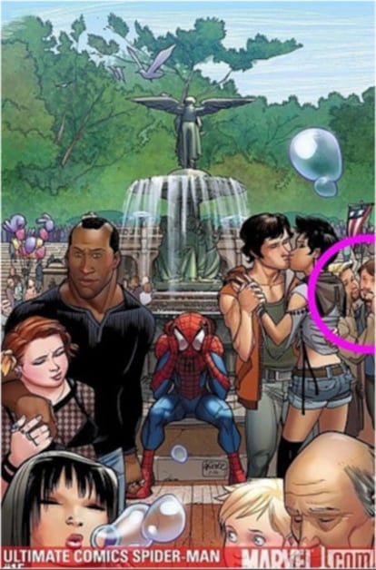 Portada del nuevo cómic de Spiderman, en la que aparece una pareja homosexual besándose.
