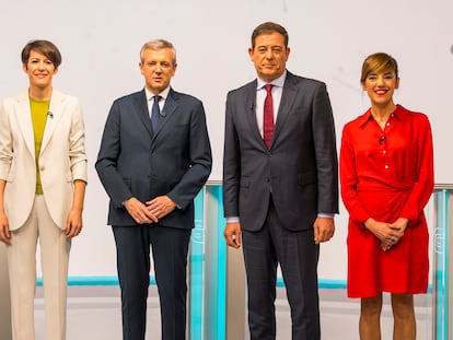 Los candidatos a las elecciones gallegas que han participado en el debate de la televisión autonómica este lunes; Isabel Faraldo (Podemos), Ana Pontón (BNG), Alfonso Rueda (PP), José Ramón Gómez Besteiro (PSOE) y Marta Lois (Sumar).