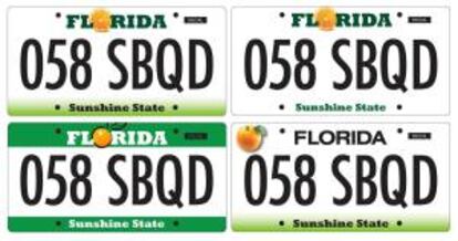 Combo de imágenes cedida este lunes 26 de noviembre de 2012, del Departamento de Seguridad en las Carreteras y Vehículos Motorizados de Florida que habilitó una web con cuatro diseños posibles, con la idea de que los habitantes voten cuál les gusta más, aunque para votar no se exige previamente ningún tipo de comprobante de que se vive en este estado.