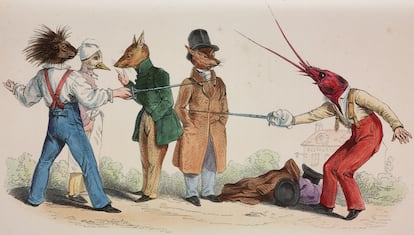 Duelo entre animales, grabado coloreado de un dibujo de Grandville de la serie 'Las metamorfosis del día' (1854)