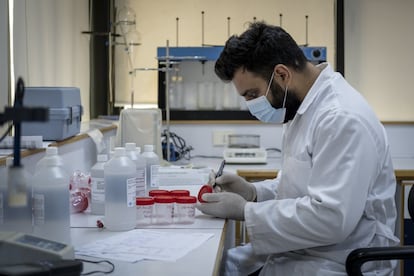 Un trabajador del Establecimiento de Agua del Sur del Líbano (SLWE), analiza en el laboratorio muestras de agua para controlar su calidad. La grave crisis económica que atraviesa el país de los cedros también ha provocado la escasez de suministros de productos esenciales como el cloro con el que se desinfecta el agua.