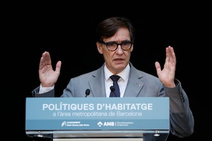 El presidente de la Generalitat, Salvador Illa, este jueves en un acto de la AMB, en Sant Vicenç dels Horts (Barcelona).