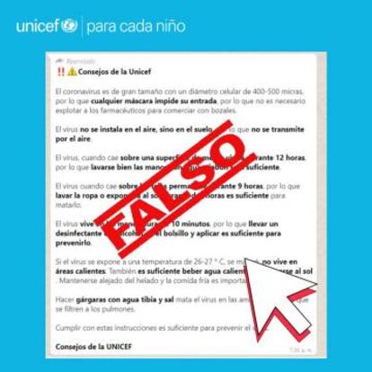 Captura de un mensaje en Facebook de Unicef Cuba, Venezuela y Paraguay para avisar de la falsedad de los mensajes que se están difundiendo en su nombre.