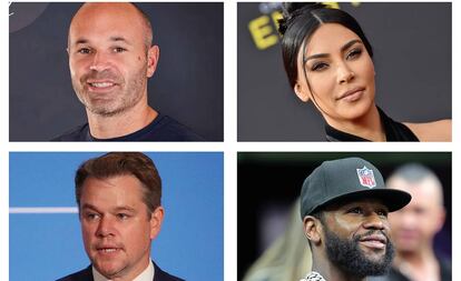 Arriba, el futbolista Andres Iniesta y la empresaria Kim Kardashian. Abajo, el actor Matt Damon y el boxeador Floyd Mayweather. 