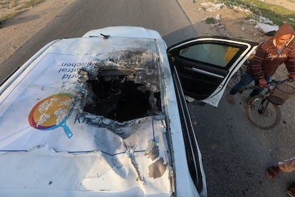 A damaged vehicle after the Israeli strike in which seven employees from the NGO World Central Kitchen (WCK) were killed.