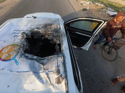 A damaged vehicle after the Israeli strike in which seven employees from the NGO World Central Kitchen (WCK) were killed.