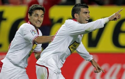 Jes&uacute;s Navas (left) and Jos&eacute; Antonio Reyes celebrate a goal in the derby demolition of Real Betis last weekend.